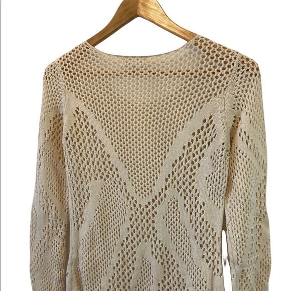 PINK ROSE Tan Crochet Scoop Neck Long Sleeve Fitted Sweater Junior Fit M - Picture 4 of 7